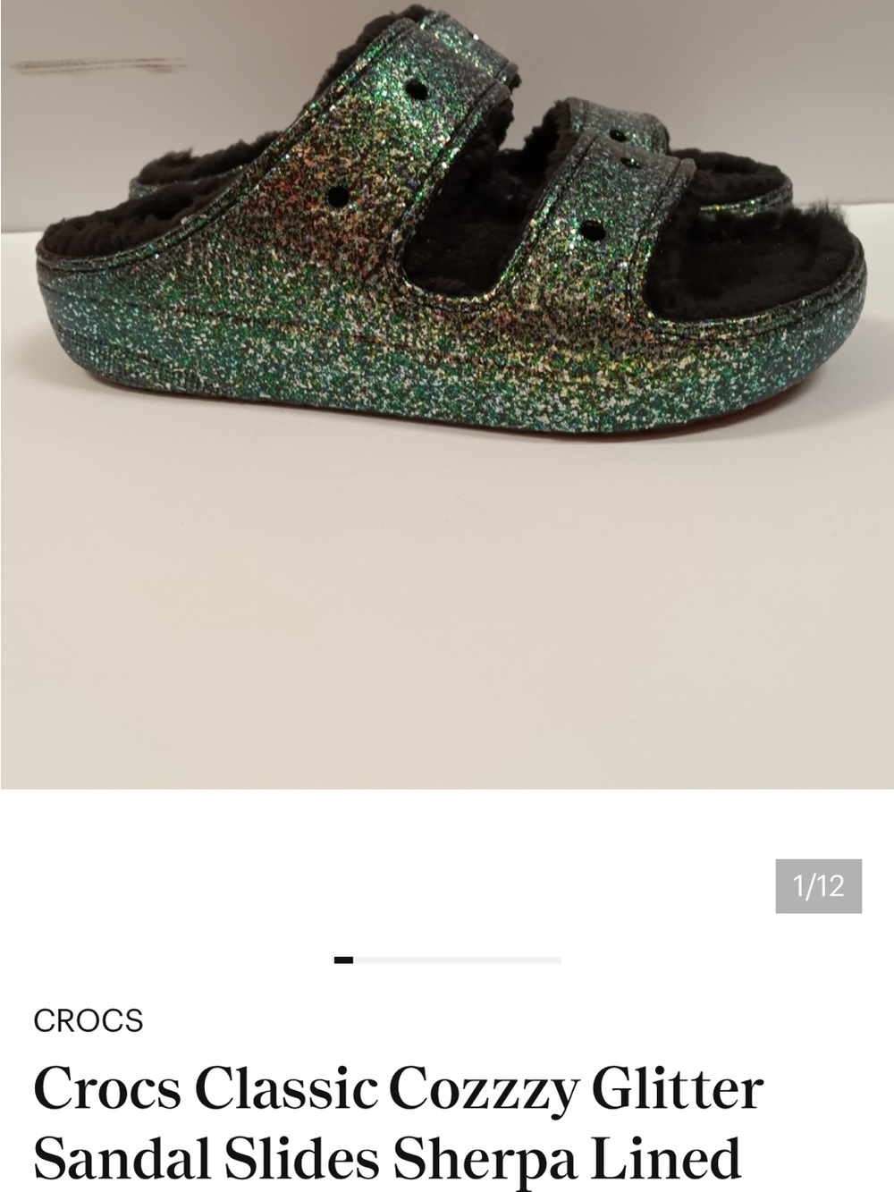 CROCS  Cozy Glitter Slide Sandal - Iridescent Green Glitter
